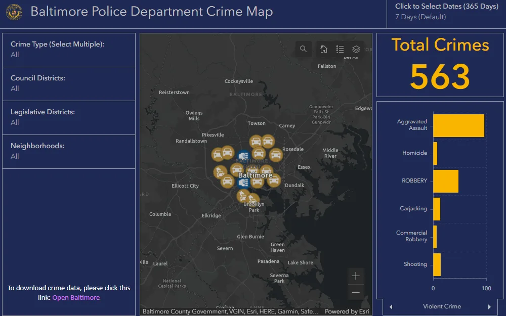 A screenshot of the Baltimore Police Department's Crime Map, showing the map of the city highlighting the location where the crimes took place; the total list of crimes and rates by crime type is displayed to the right. 