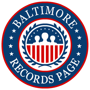 A round red, white, and blue logo with the words Baltimore Records Page for the state of Maryland.