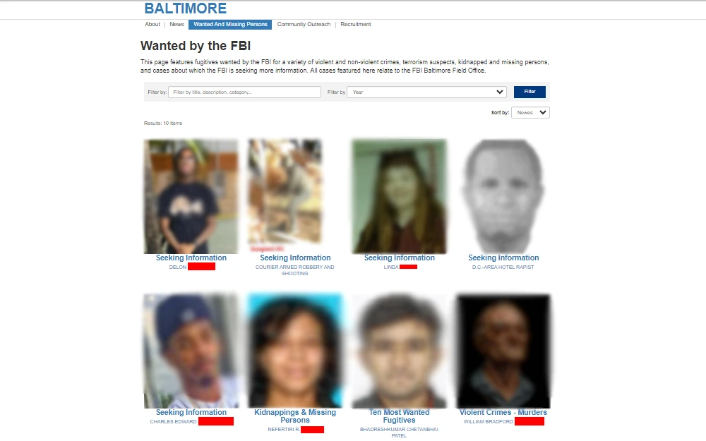 A screenshot of the wanted and missing persons list posted by the FBI, showing individuals related to the Baltimore Field Office with their names, mugshots, and other information.