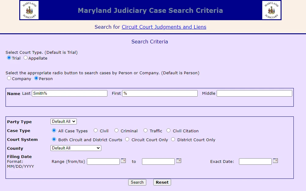 A screenshot of the Maryland Judiciary Case Search that can be searched by providing the first and last name, party type, case type, court system, and other information.