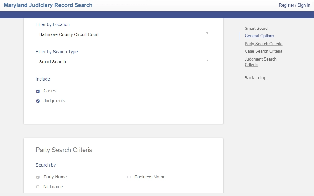 A screenshot of the Smart Search tool available on the Maryland Judiciary website that can be searched by providing the name in the case; filtering options are available to narrow search results.