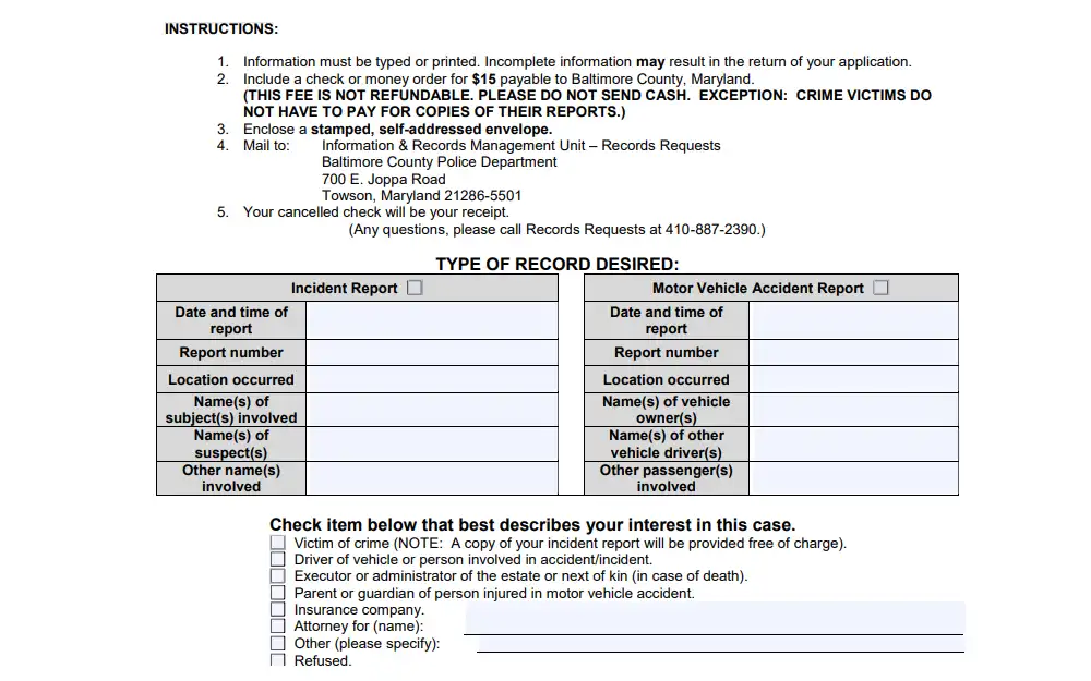 A screenshot of the Request for Copy of Police Report form provided by the Baltimore County Police Department that needs to be completed and submitted together with other requirements to receive the report requested.