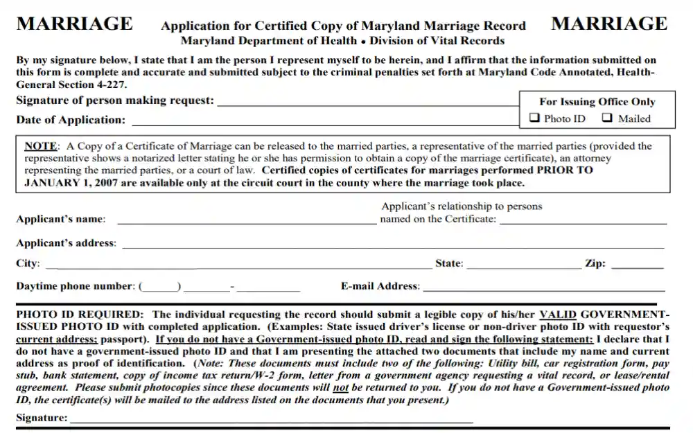 A screenshot of an application for certified copy of Maryland marriage document requiring some information such as signature of person making request, date of application, applicants name and other details.
