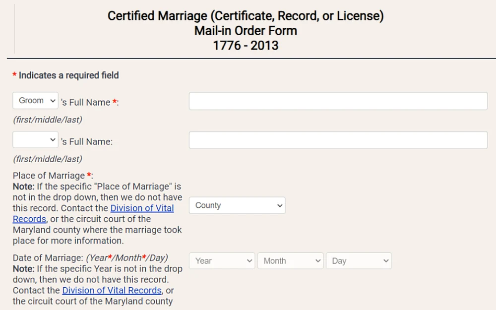 A screenshot of certified marriage mail-in order form requiring groom's full name and other selections, place of marriage as county, and date of marriage from the Maryland State Archives website.