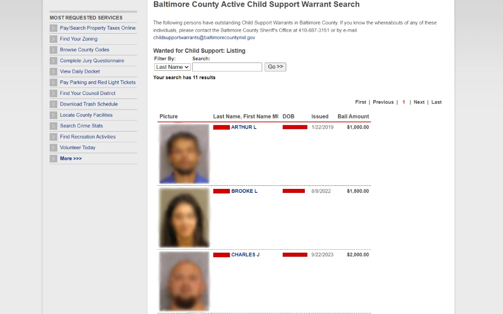 A screenshot webpage section from Baltimore County listing individuals with active child support warrants, their names, dates of birth, the dates the warrants were issued, and the bail amounts set.