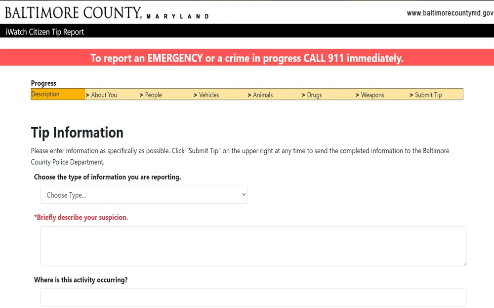 A screenshot displays an online form for the Baltimore County iWatch program where citizens can report suspicious activities by providing details such as the type of information, a brief description of the suspicion, and the location of the activity, with a highlighted note at the top urging to call 911 immediately in case of an emergency or a crime in progress.