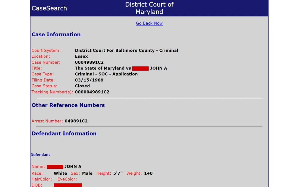 Screenshot of a case information page from the District Court for Baltimore County - Criminal, detailing a closed criminal case with a filing date of March 15, 1988, against a defendant named John A. Smith, including his demographic information and arrest number.