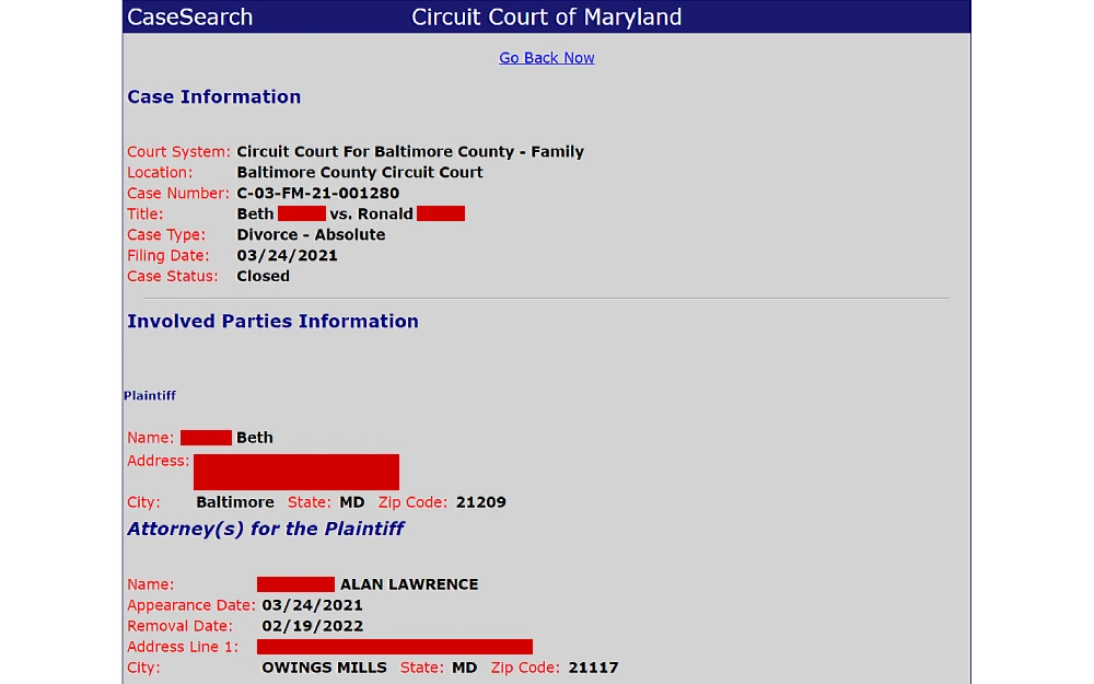 A screenshot displaying a case information showing details such as court system, location, case number, title, case type, filing date, case status, involved parties information such as name, address, city, state, ZIP code and others.