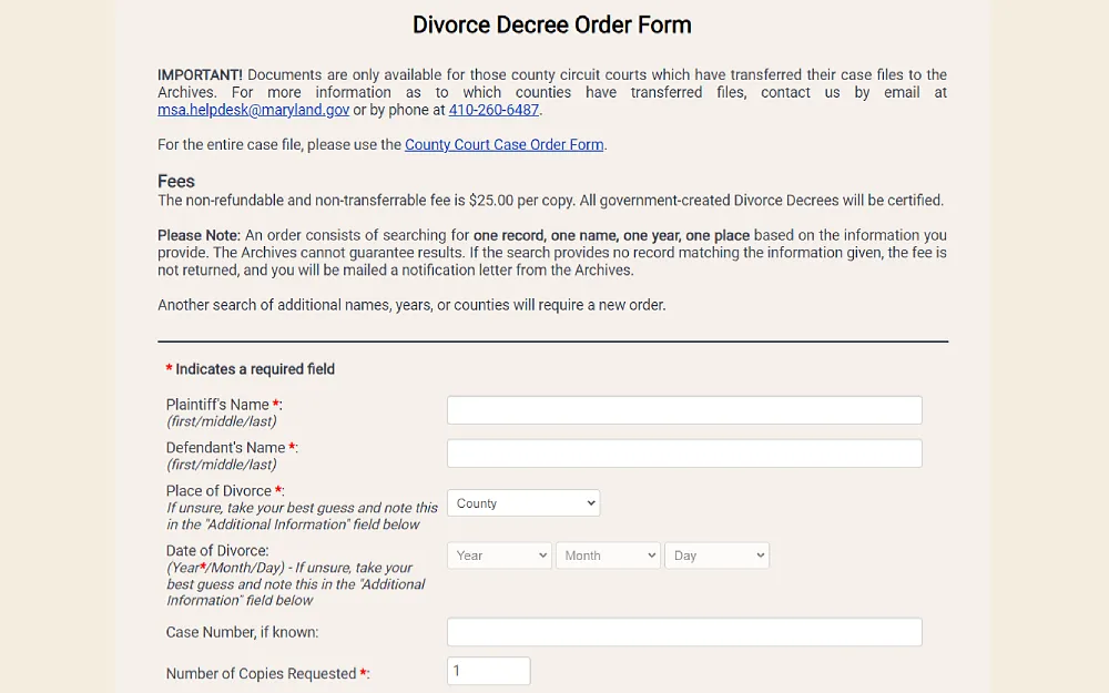 A screenshot displaying a divorce decree order form requiring information such as plaintiff's name, defendant's name, place and date of divorce, case number, number of copies requested and others.