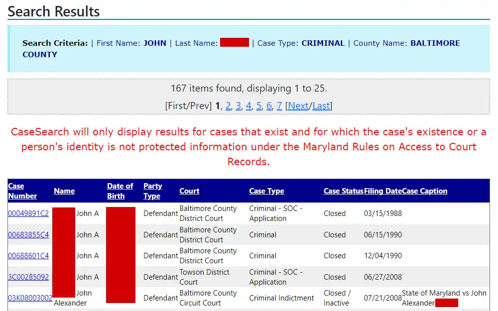 Screenshot of the search results from Maryland Judiciary for cases in Baltimore County, listing the case number, name, birthday, party type, court, case type, case status, filing date, and case caption of the defendants.