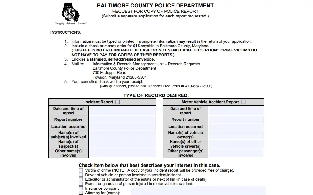 Screenshot of the police report copy request form from the police department of Baltimore County showing a number of instructions, fields for type of record desired, and a checklist option for interest description.