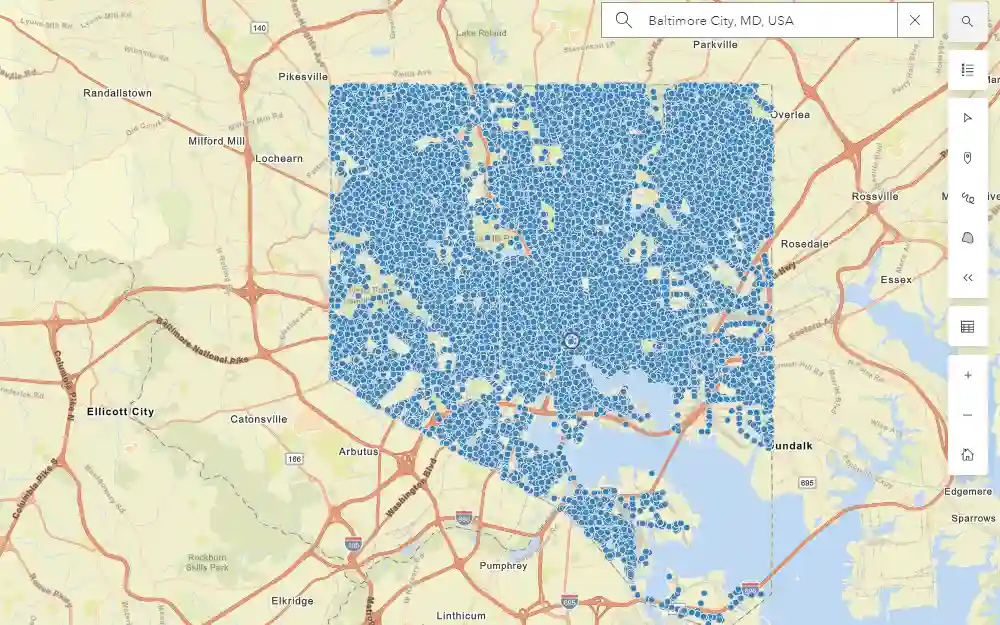 Screenshot of the overview of Baltimore City crime map from their local police department, displaying a small search bar with the city set as the location, the side panel with options for actions, and the blue dots representing the crime data.