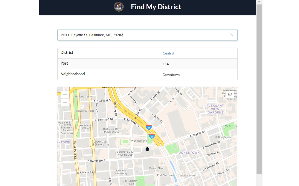 Screenshot of the search results from the "Find My District" feature provided by the local police department, displaying a search tool bar, the map of the searched location and a table containing the district, post, and neighborhood of the area.