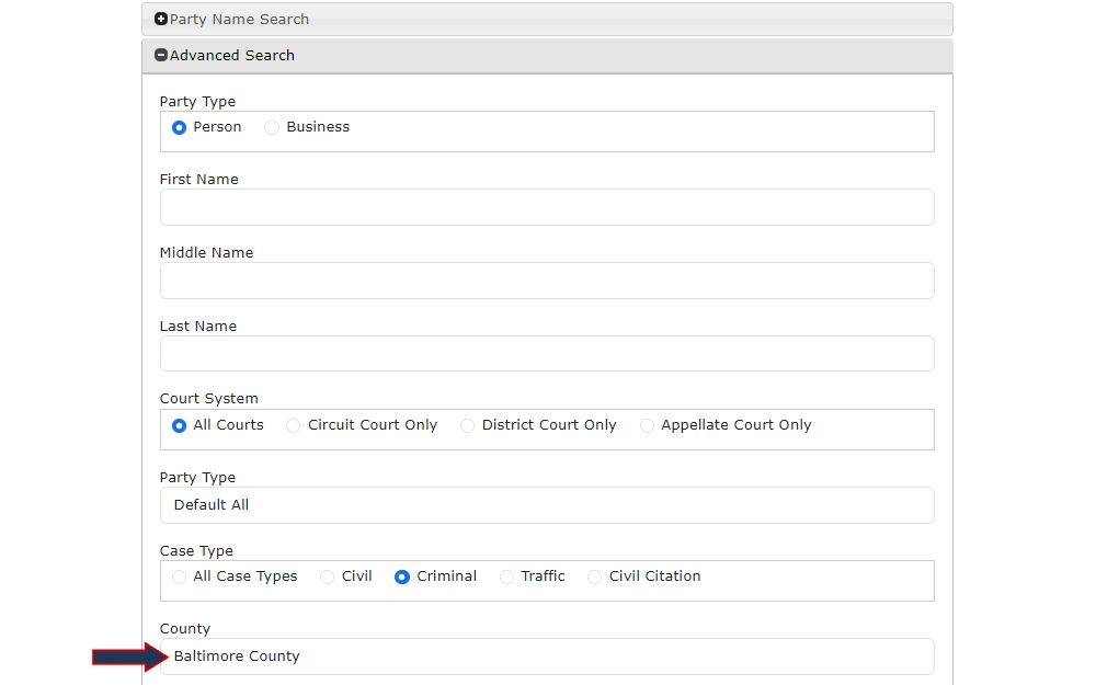 A screenshot of the advanced search feature from the Maryland Judiciary Case Search tool, displaying some of the fields dedicated to filter results including the name, court system, party type, case type, and county which is emphasized with an arrow.