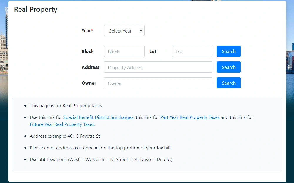 A screenshot of the real property search tool for taxes from the Baltimore City Department of Finance shows input fields for the year, block, lot, address, and owner, followed by bulleted points about the instructions.