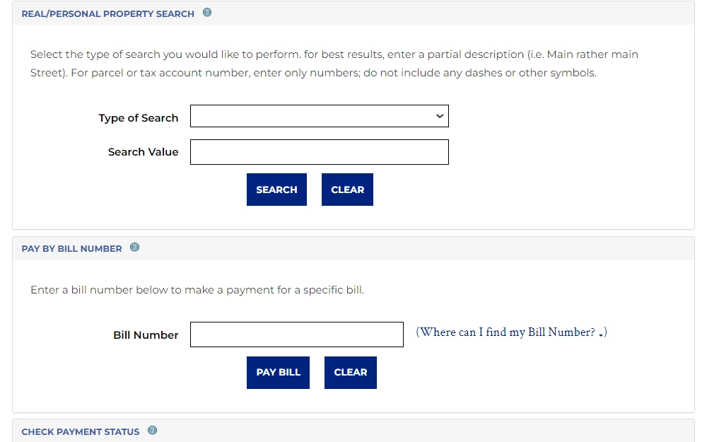 A screenshot from the website of Baltimore County Government displays the search fields provided for the real and personal property search, including search type and search value, and the bill number input field for payments.