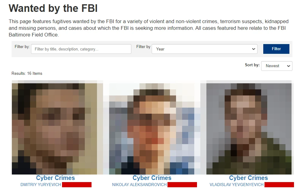 A screenshot of the wanted and missing person page from FBI Baltimore displays a description of the page content, input fields for filtering the content, and mugshots of wanted persons along with their crime and name.