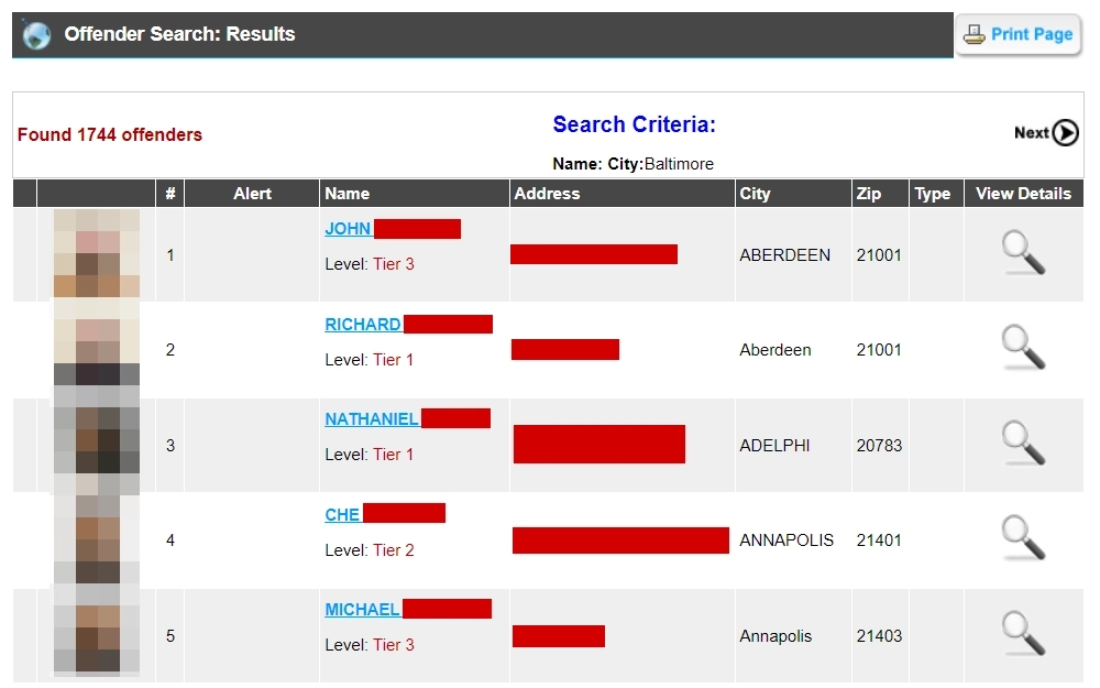 A screenshot from the Maryland Department of Public Safety and Correctional Services' sex offender registry displays the search results in a table containing the offender's photo, name, address, city, zip code, and an option to view more details.